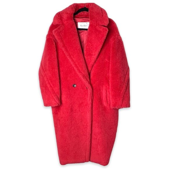 MAX MARA Teddy Bear Icon Coral Red Tedgirl Faux Fur Coat Size S - Picture 5 of 14